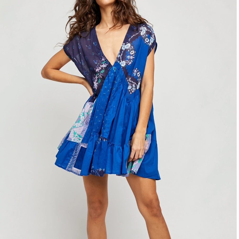 Free People Mended with Scarves Pieced Mixed Printed Colorful Mini Dress